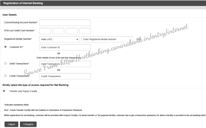 Canara Bank Internet Banking Registration