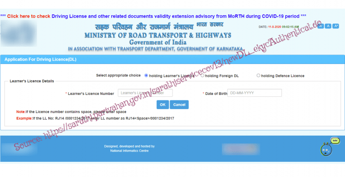 Karnataka Driving License Online Application At Parivahan gov in