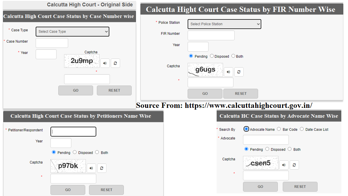 Calcutta High Court Case Status by Case Number / Advocate Name / Party